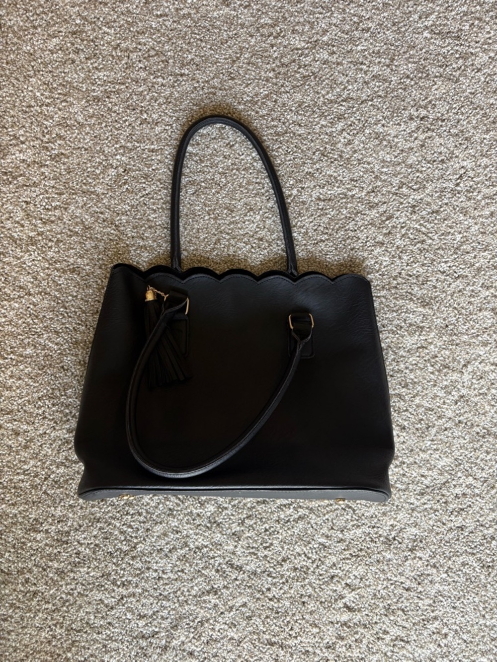 Black Scalloped Tote Handbag with Tassel